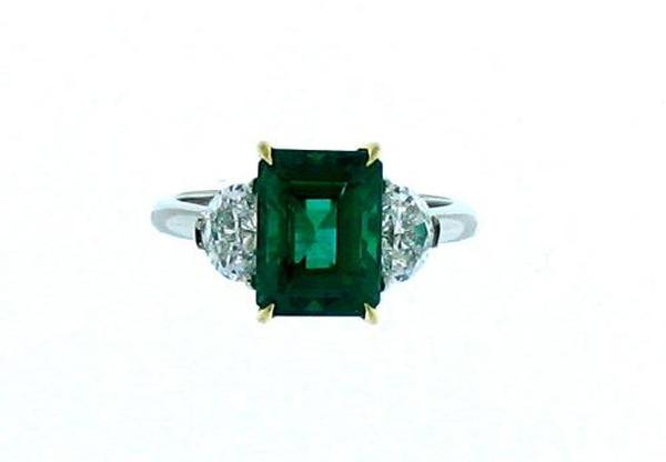 View PT/18K Emerald Cut Emerald/Half Moon Diamond