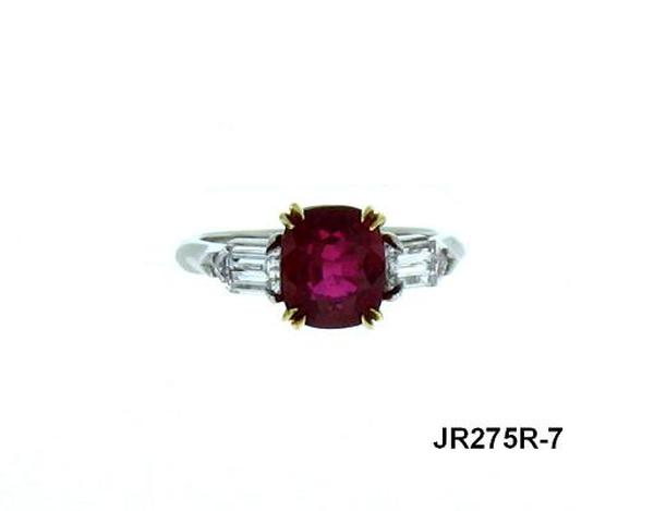 View PT/18K Cushion Ruby/Taper Baguette Diamond