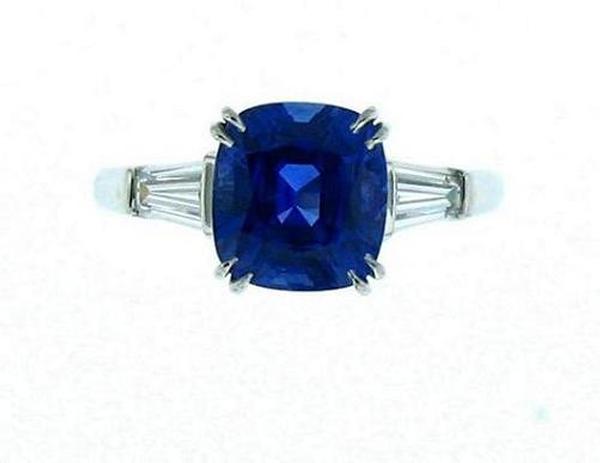 View PT Cushion Blue Sapphire/Taper Baguette Diamond