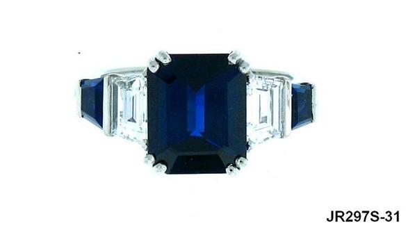 View PT Emerald-Cut Blue Sapphire/Trapezoid Diamond
